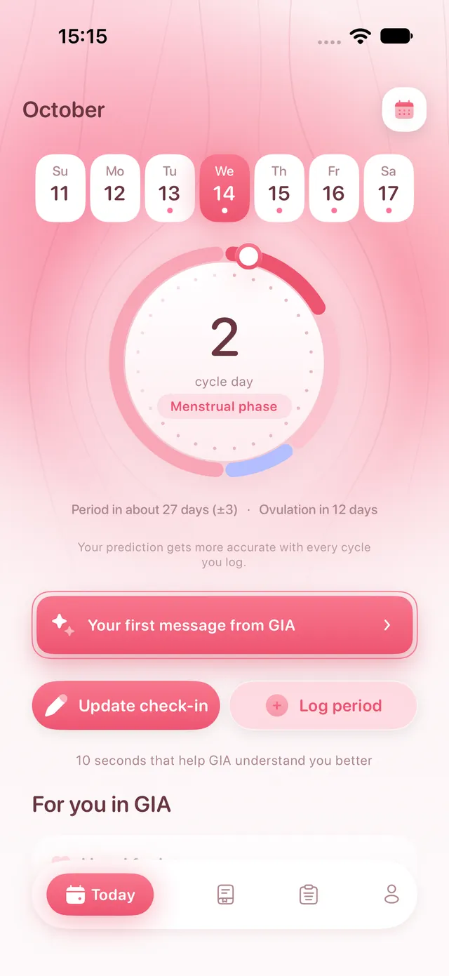 GIA home screen: the cycle ring with the day and phase, glowing in the phase’s colours